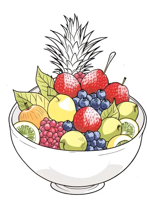 a drawing of a bowl of fruit with a pineapple on top