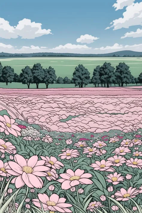 illustration of a field of flowers with trees in the background