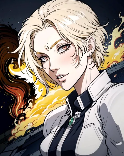 a woman with blonde hair and a white shirt is standing in front of a fire