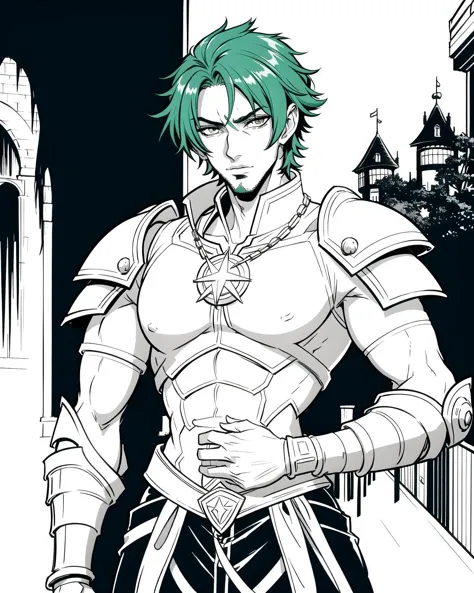 ((masterpiece), best quality, high quality, professional quality, highly detailed, highres, perfect lighting, natural lighting), monochrome, line art, coloring page, (1boy, slender, handsome, no facial hair, short hair, green hair), wearing armor, casting a spell, in a castle