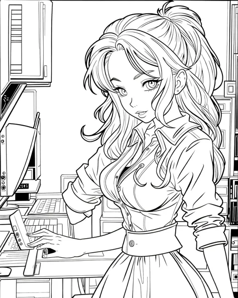 a black and white drawing of a woman in a kitchen