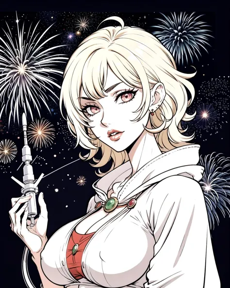 a woman in a white shirt holding a gun and fireworks