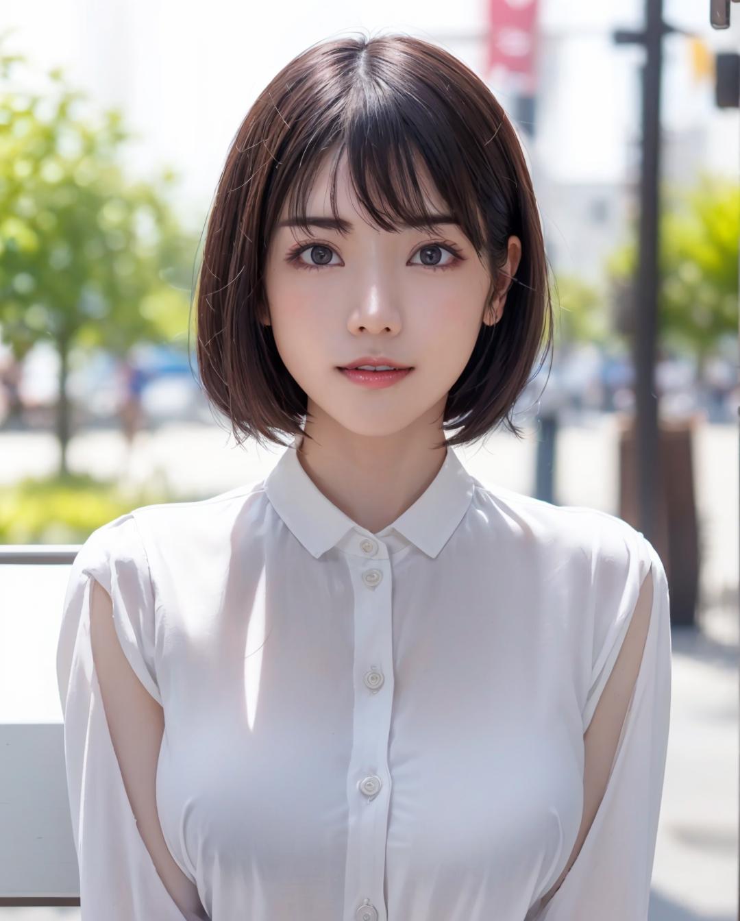 A woman with a short hair and a white shirt - SeaArt AI