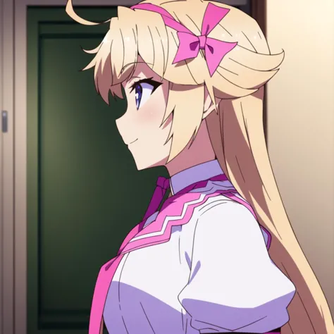 anime girl with long blonde hair and pink bow in front of door