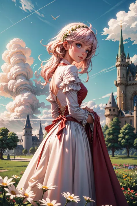 ((best quality, masterpiece)), 
1girl, princess pink dress, flowers, white messy hair, outdoor, clouds on background,fantasy, me...