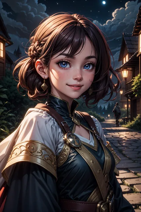 best quality, 4K wallpaper, masterpiece, extremely detailed CG unity 8k wallpaper, woman, 21 y.o., smile, fantasy, ((full body):...