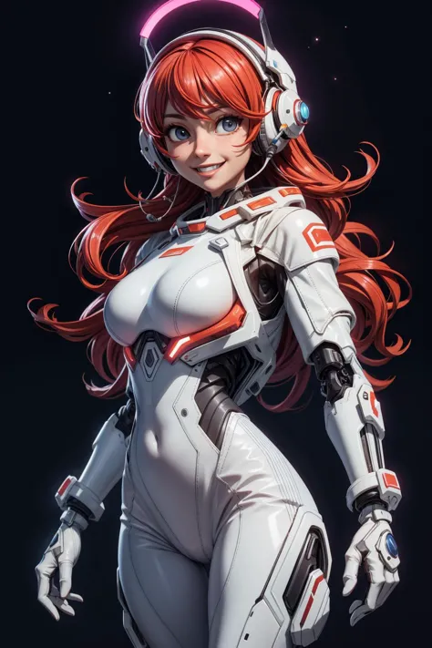 ((best quality, masterpiece)), (
(style-swirlmagic):0.3), ((white leather futuristic spacesuit)), headphones, neon lit, (smiling), 1girl, red hair, wavy hair, a white parts of mechanical female, looking at viewer, (cameltoe:0.8), soft colors, black background, <lora:more_details:0.5> , <lora:LowRA:0.25> <lora:3DMM_V12:0.8>