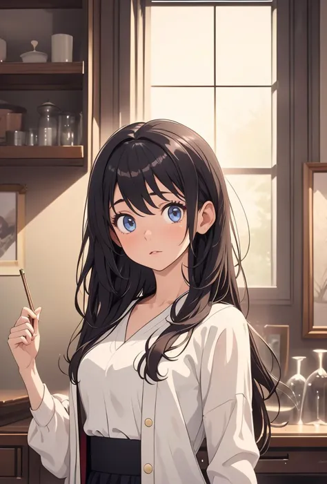 anime girl with long black hair holding a wand in a kitchen