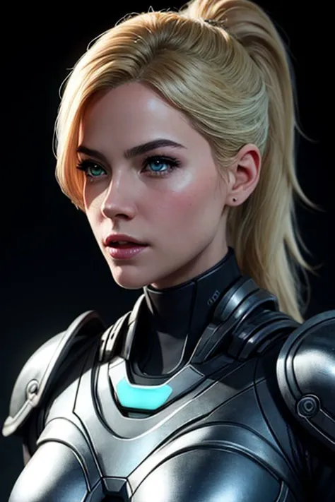 a woman in a futuristic suit with a ponytail and a blue necklace