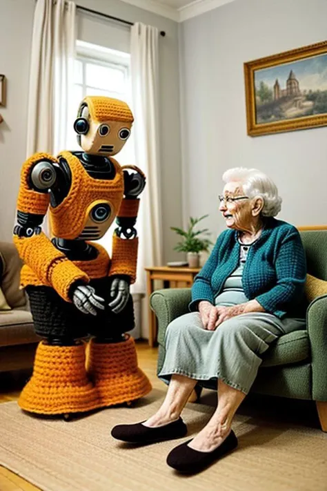 a lovely granny and a knitted robot made of wool, a robot made of knitted wool, in an old living room, in a granny house living ...