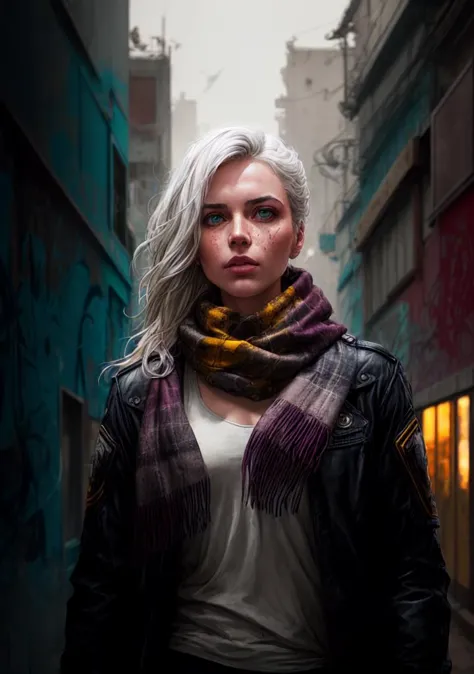 arafed woman with white hair and scarf in a city street