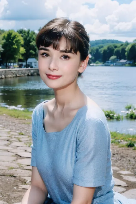 1girl,realistic,best quality,medium breasts:1.3),(picturesque:1.3),dress,smile,<lora:Audrey Hepburn:0.9>,(brown hair:1.1),