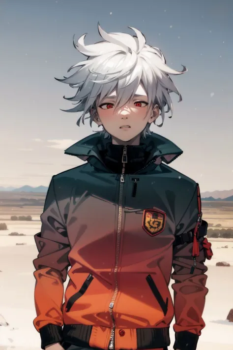 solo, 1boy, male, envious, light grey hair, red eyes, light grey bomber jacket, day, temperate desert, snowy, detailed background, surreal,  