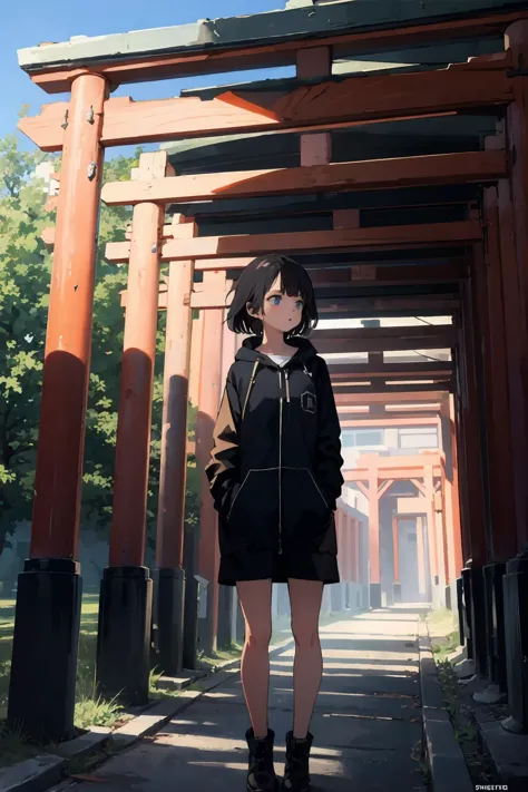 a woman in a black dress standing in front of a red tori tori gate