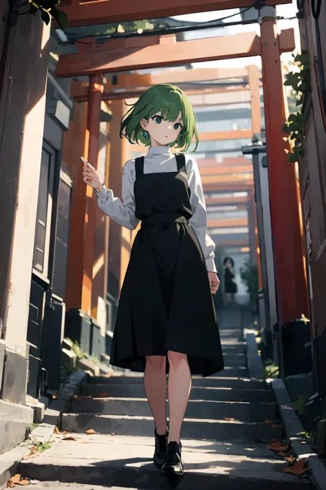 anime girl in black dress walking down a narrow alley way