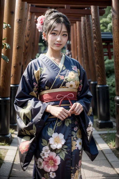 a close up of a woman in a kimono standing in front of a wooden structure