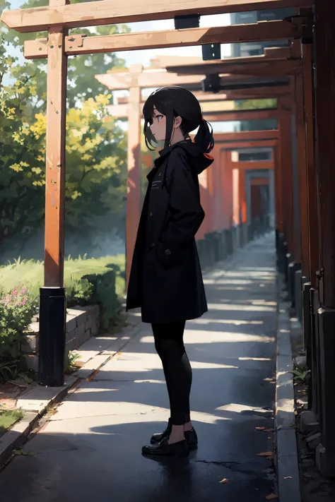 anime girl in black coat and black shoes standing in front of a wooden structure