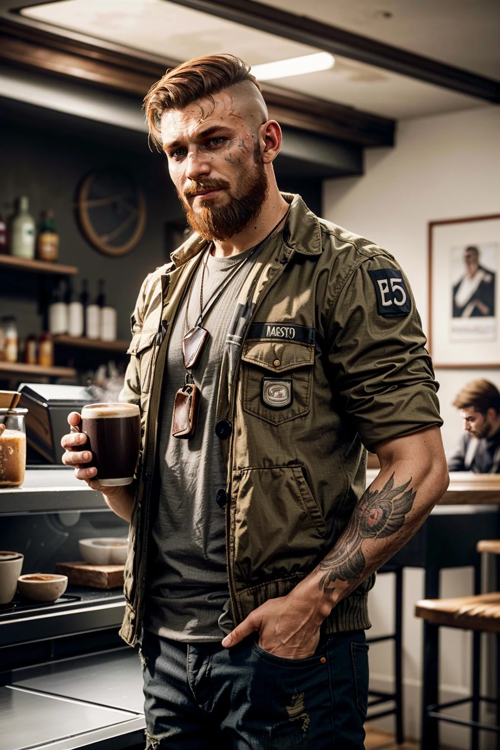 ((Obra maestra, mejor calidad))
FarCry5Jacob, 1 chico, solo, cabello corto, pelo naranja, barba, En una bulliciosa cafetería, vestido casualmente con ropa urbana elegante, disfrutando de un capuchino