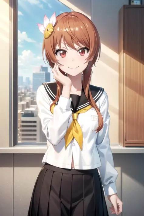 (extremely detailed CG unity 8k wallpaper), (masterpiece), (best quality), (ultra-detailed), (best illustration), (best shadow), (absurdres), 1girl, solo, <lora:tachibana_v2:0.8>, tachibana marika, school uniform, serafuku, looking at viewer, hand on own f...