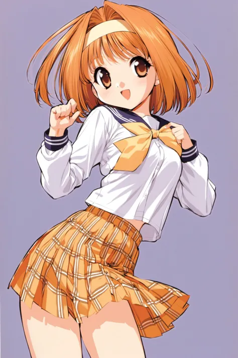 Kaho, 1girl, solo, orange hair, school uniform, yellow hairband, short hair, brown eyes, skirt, plaid, white background, simple background, long sleeves, smile, open mouth, bow, plaid skirt, serafuku, yellow bow, hair intakes, white shirt, <lora:Naoto Tenhiro_XL:0.8>