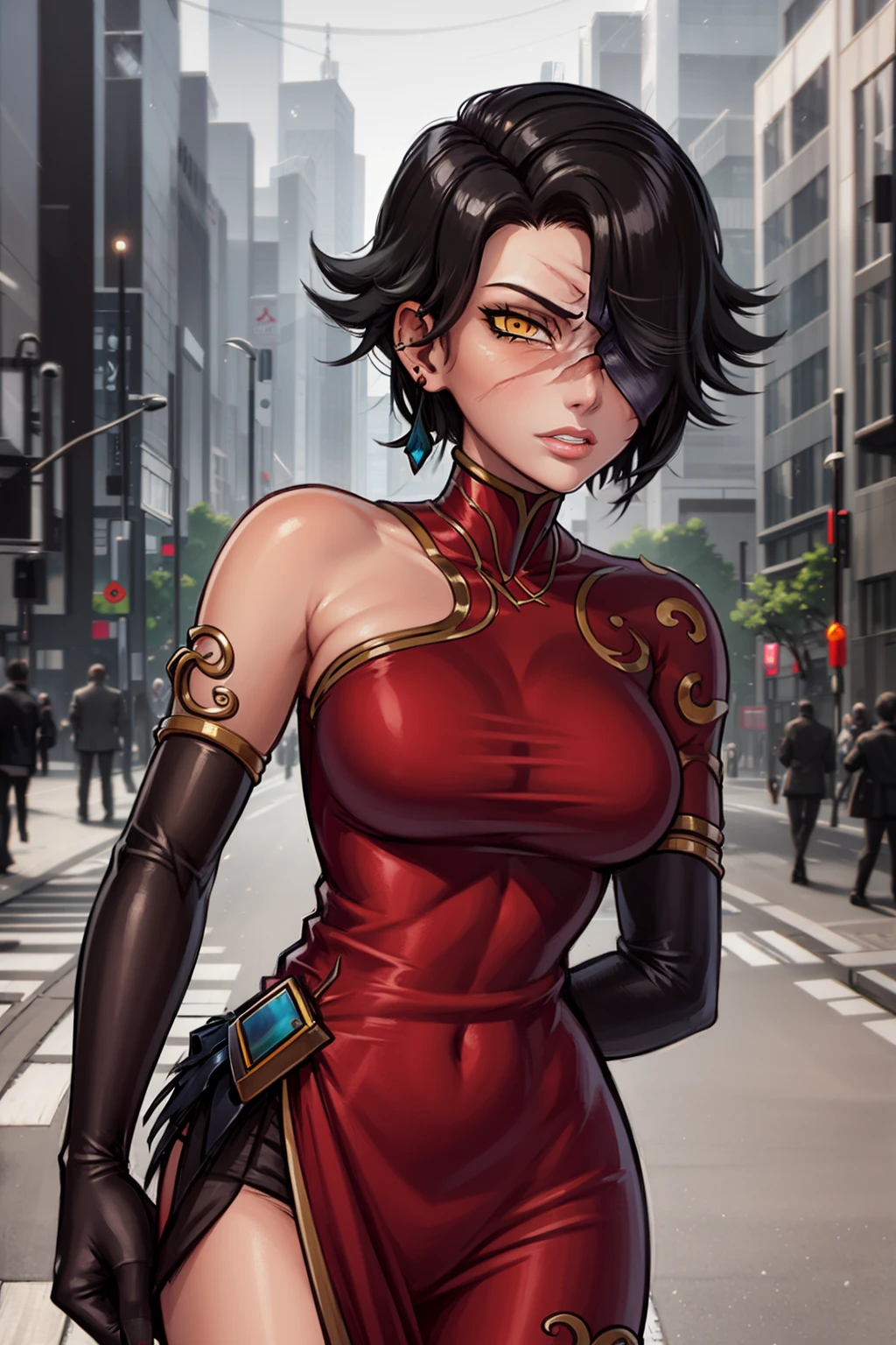 masterpiece, best quality, 1girl, cindermistral, yellow eye, black hair, short hair, hair over one eye, red china dress, elbow gloves, scar, scar on face,  hand behind back, looking at viewer, solo, tokyo street 