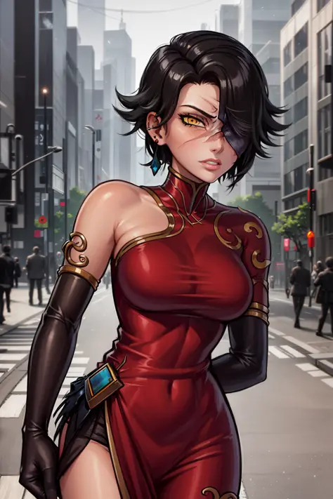 masterpiece, best quality, 1girl, cindermistral, yellow eye, black hair, short hair, hair over one eye, red china dress, elbow gloves, scar, scar on face,  hand behind back, looking at viewer, solo, tokyo street <lora:CinderFall:1>