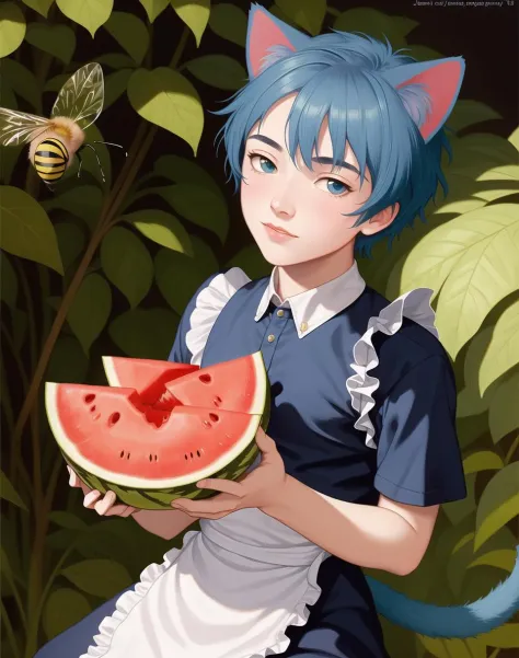 1boy, beautiful, masterpiece, best quality, sima, cat ears, blue skin color, blue hair, shirt, tail,  maid dress, holding watermelon, multiple bees, by Jeremy Lipking, by William Bouguereau, (by Alphonse Mucha:0.5),