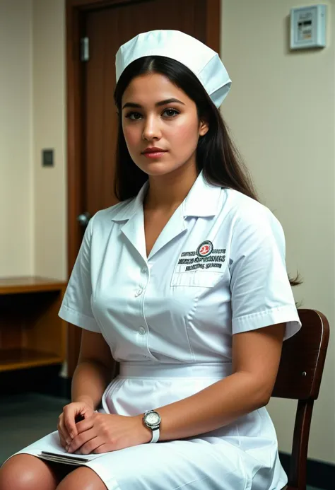 score_9, score_8_up, score_7_up,  1girl (medium full shot) of (bonnie young woman:1.1) nurse mexican with dark hair, brown eyes, medium skin tone, medium build,             wearing Classic white nurse uniform with a fitted blouse, pleated skirt, nurse cap, white nursing shoes,  sitting with crossed legs, looking over the shoulder,  pensive,fig sign, in  School infirmary tucked away on the second floor, white walls adorned with educational posters, rows of neatly arranged beds with crisp white sheets, medical cabinets stocked with supplies, soft overhead lighting, comfortable chairs for waiting parents , at night, Masterpiece,best quality, photorealistic, amazing quality, very aesthetic, extremely detailed face,