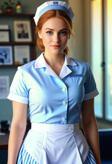 score_9, score_8_up, score_7_up,  1girl (medium full shot) of (supermodel young woman:1.1) nurse british with ginger cone hair bun, bright blue eyes, light skin, curvy,             wearing Striped seersucker uniform in sky blue and white, with a button-up blouse, A-line skirt, nurse cap, white canvas sneakers,  ,royal pose, confident stance,  regretful, in  Staff Lounge, Comfortable room with plush couches, a coffee table piled with magazines, a small kitchenette with a coffee machine and fridge, and a notice board for staff announcements , at sunset, Masterpiece,best quality, photorealistic, amazing quality, very aesthetic, extremely detailed face,