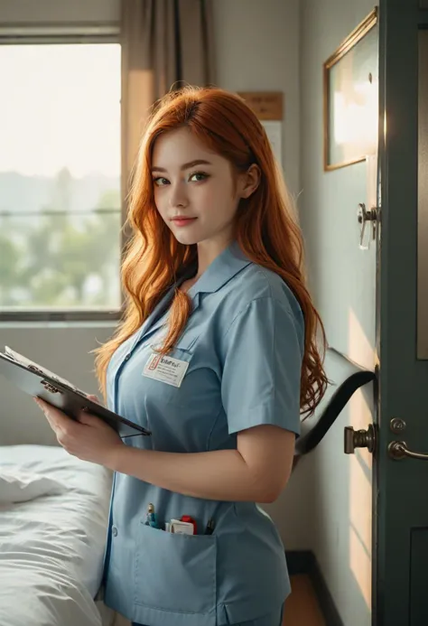 (medium full shot) of (supermodel nurse) young woman, full-figured build, extra long red hair, thai, pale skin, light brown eyes...