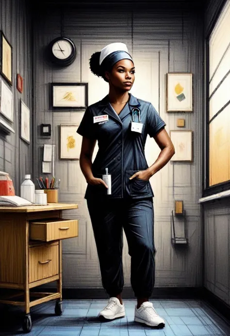 (medium full shot) of (esthetic nurse) adult woman, black american, dark skin, brown eyes, lithe build, blonde hair, wearing Chic black scrubs with a square-neck top, jogger-style pants, nurse cap, black sneakers, utility scissors, set in  Pediatrics Ward, colorful walls adorned with cartoon characters, cribs, small beds, toys scattered around, cheerful murals , at night, ,Masterpiece,best quality, very aesthetic