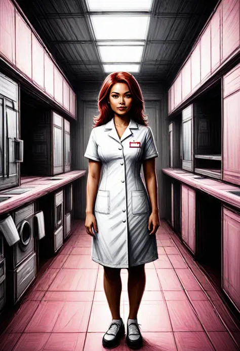 (medium full shot) of (gorgeous nurse) adult woman, philippine, tan skin, light brown eyes, full-figured build, red hair, wearing Monochrome pink ensemble with a fitted top, skirt, stockings, nurse cap, pink ballet flats, trauma shears, set in  Linens Closet, Deep in the heart of the hospital, this closet houses stacks of crisp white sheets and fluffy towels, detergent, industrial washing machine , at night, ,Masterpiece,best quality, very aesthetic