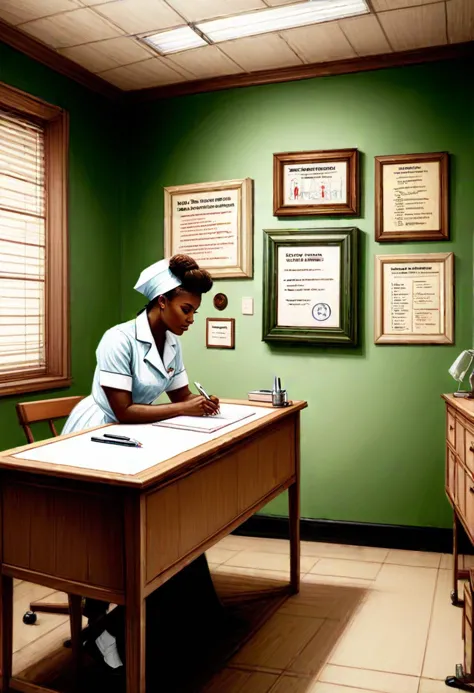 (medium full shot) of (bonnie nurse) adult woman, south african, dark skin, brown eyes, Medium build, blonde hair, wearing Vintage-inspired nurse uniform in pale green, featuring a button-up blouse, A-line skirt, stockings, nurse cap, brown leather oxford shoes, thermometer, set in  Group Therapy Room, Welcoming space with a large circular table surrounded by chairs, whiteboard for brainstorming, motivational posters on the walls, cabinet stocked with art supplies , ,Masterpiece,best quality, very aesthetic