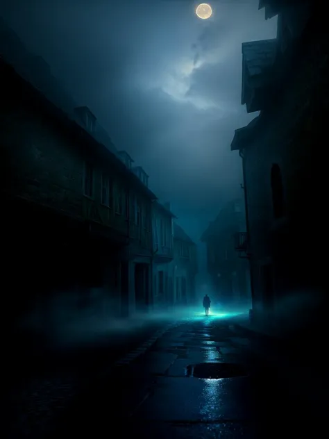 Dark gloomy street of mystic ancient town++, nighttime, after the rain, (glowing fog)1,2, muted colors, vintage, aesthetic, (Dark Fantasy)0,9, Otherworldly, Surreal, 16K, dreamy, dark mode, Starlight0,9, moonlight, Ambrotype, beautiful, masterpiece, highest quality, 32k, depth of field, best quality, cinematic, movie still, high contrast, dramatic lighting, atmospheric, volumetric lighting, perfect, HDR, absurdres, celestial, crystalline, natural wonder, expressive, nice looking