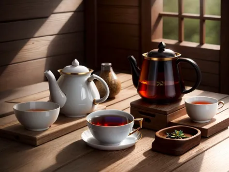 there are tea cups and teapots on a wooden table