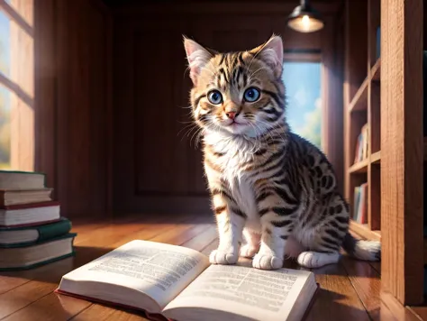 there is a cat sitting on the floor next to a book