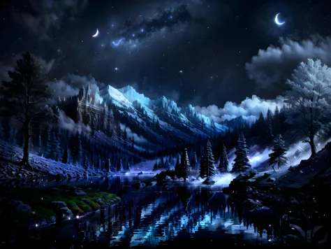 a dark blue mountain landscape with a lake and a crescent