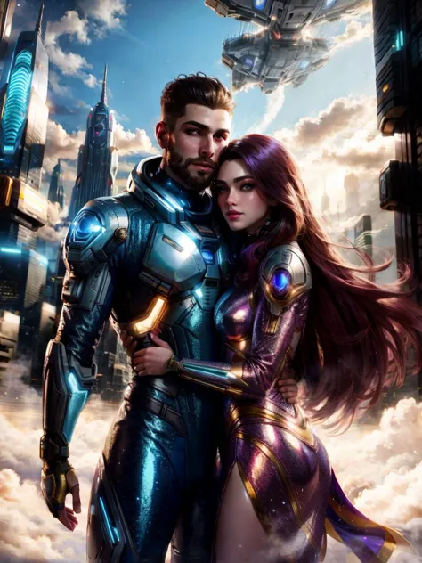 a man and woman in futuristic costumes standing in front of a city