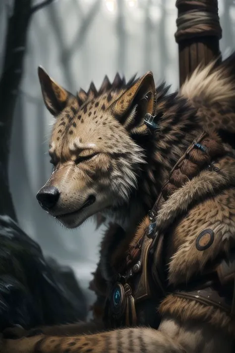 a close up of a wolf with a large head and a furry coat