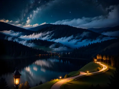 night scene of a lake and a mountain with a clock tower