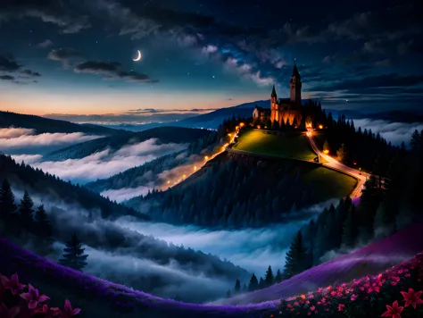 a castle in the mountains with a moon above it