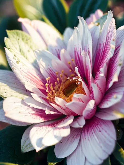 there is a pink flower with white petals and green leaves