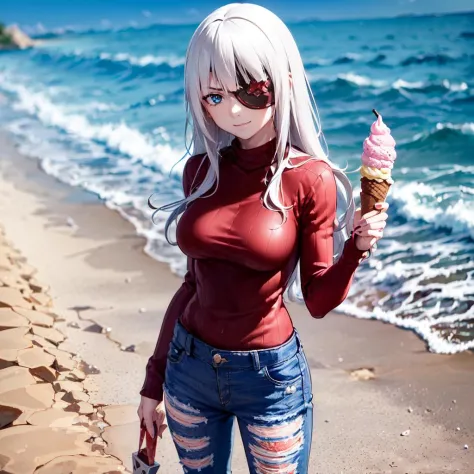 (1girl ((red and black sweater and short jeans:1.2))  ((standing at an icecream vendor, liking an icecream:1.2)), at the beach (...