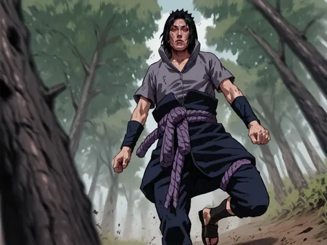 arafed image of a man in a ninja outfit running through the woods