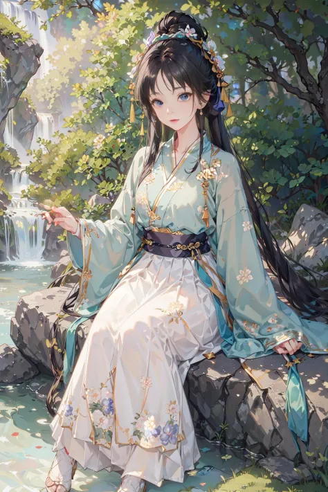 shukezouma,masterpiece, highres, best quality, professional lighting, photon mapping, radiosity, physically-based rendering,1girl solo, sitting,countless waterfalls flowing down from the mountains, pine trees and flowering trees,hanfu, song style outfits, 1girl, (green short shan:1.2), (white pleated skirt1.2), (purple floral songmo:1.1),<lora:hanfu_song_v31:0.5>,blue eyes,