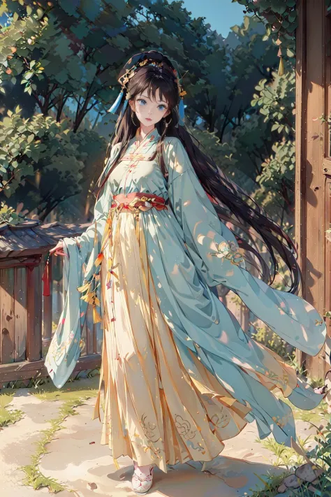 masterpiece, professional lighting, photon mapping, radiosity, physically-based rendering,1girl, full body,absurdres, highres, skyline, beautiful detailed sky, covered nipples,(white hanfu, (tang style:1.3)),<lora:hanfu_v30:0.55>,blue eyes,<lora:eyesgenLoraWIP_v1:0.4>,