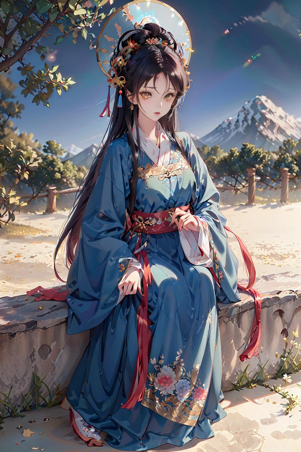 masterpiece, professional lighting, photon mapping, radiosity, physically-based rendering,1girl, full body,absurdres, highres, skyline, beautiful detailed sky, covered nipples,(hanfu, ming style),yellow eyes,
