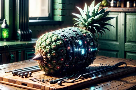 Photo brute d&#39;un (circuitstech:1.Ananas mûrs de style 3 assis debout), assis sur une planche à découper dans une cuisine de ferme 