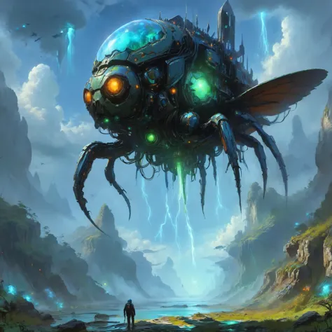 circuitrytech towering insectoid monstrosity, Floating islands amidst radiant azure skies, digital painting,, Overcast Light, Dr...