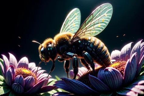 RAW photo of a circuitrytech honeybee landing on a flower<lora:CircuitryTech-20:.8> <lora:more_details:1>